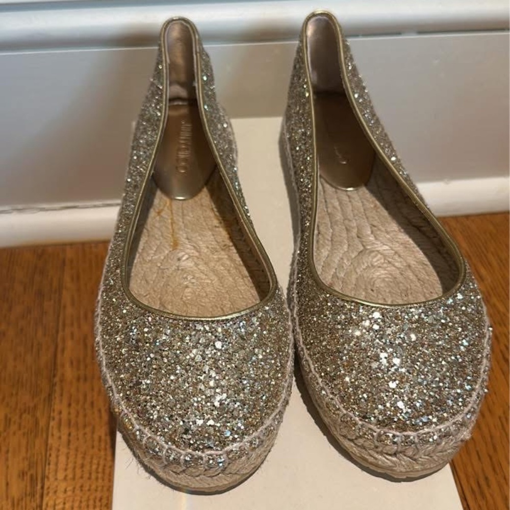 Jimmy choo gold glitter espadrilles